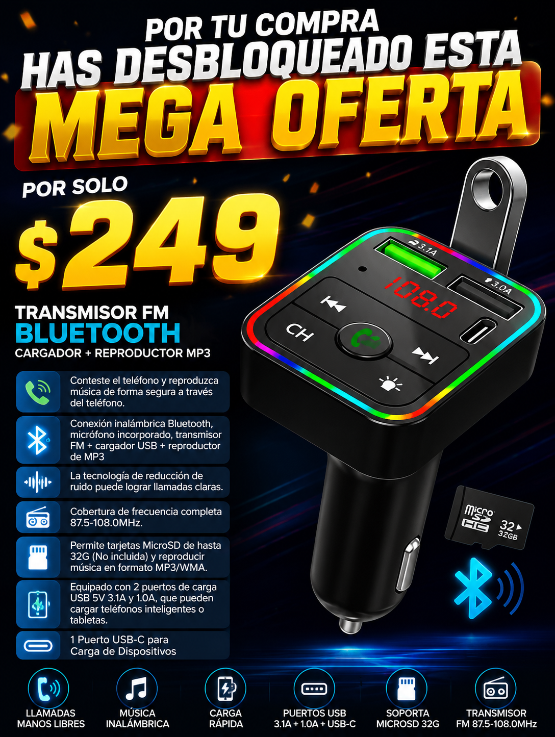🔥 CAR LINK PRO™ Bluetooth + Música + Carga Rápida en tu Carro