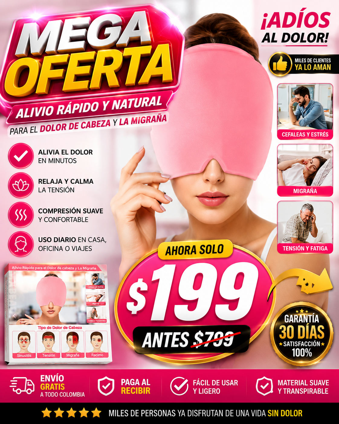 🩷 Alivio Rápido para Migrañas y Dolores de Cabeza – Gorro de Gel Terapéutico