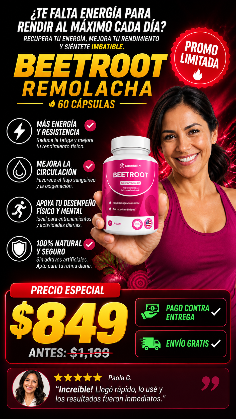 Suplemento Beetroot Remolacha 60 Cápsulas Energía Natural