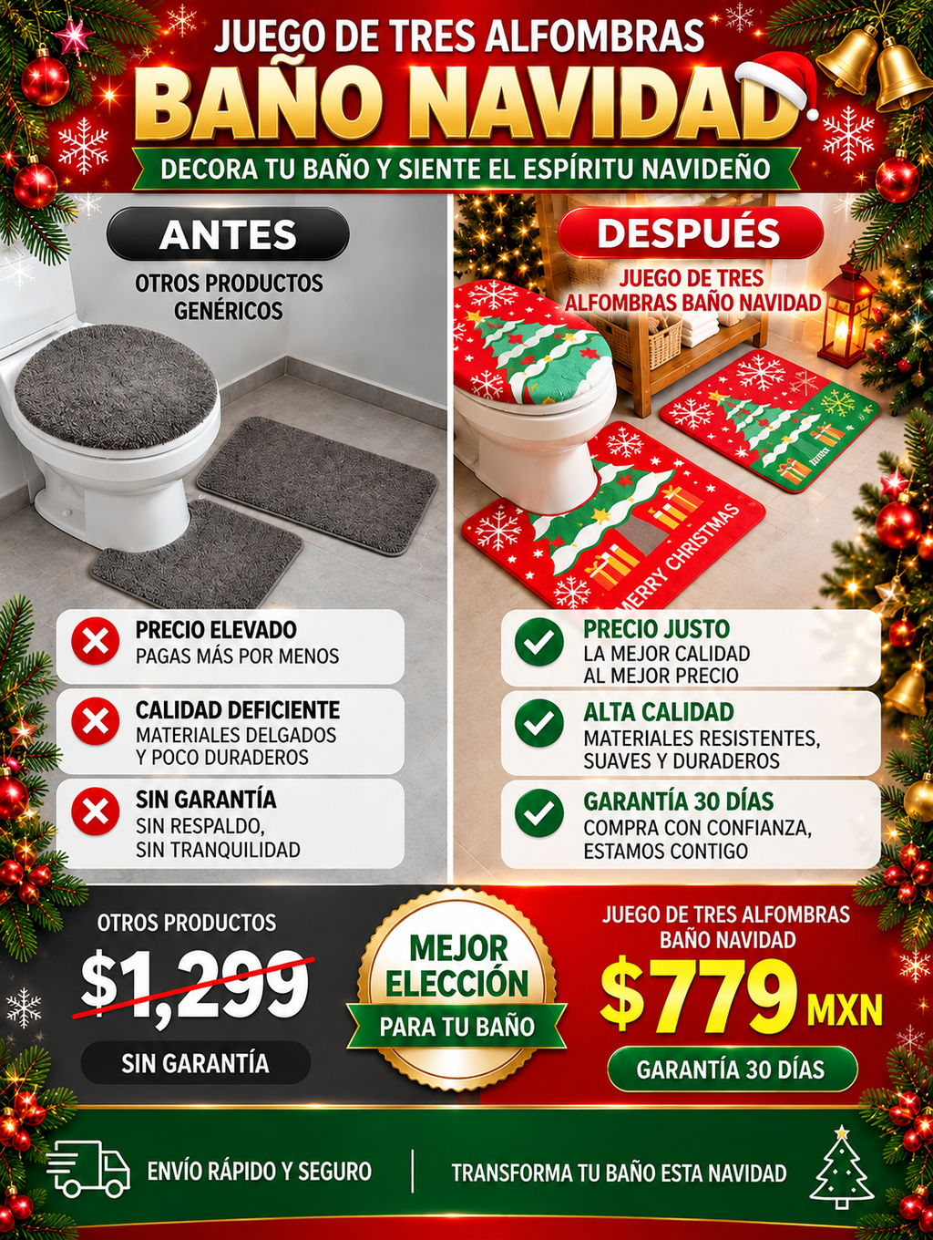 Alfombras Baño Navidad 3 Piezas Decorativas