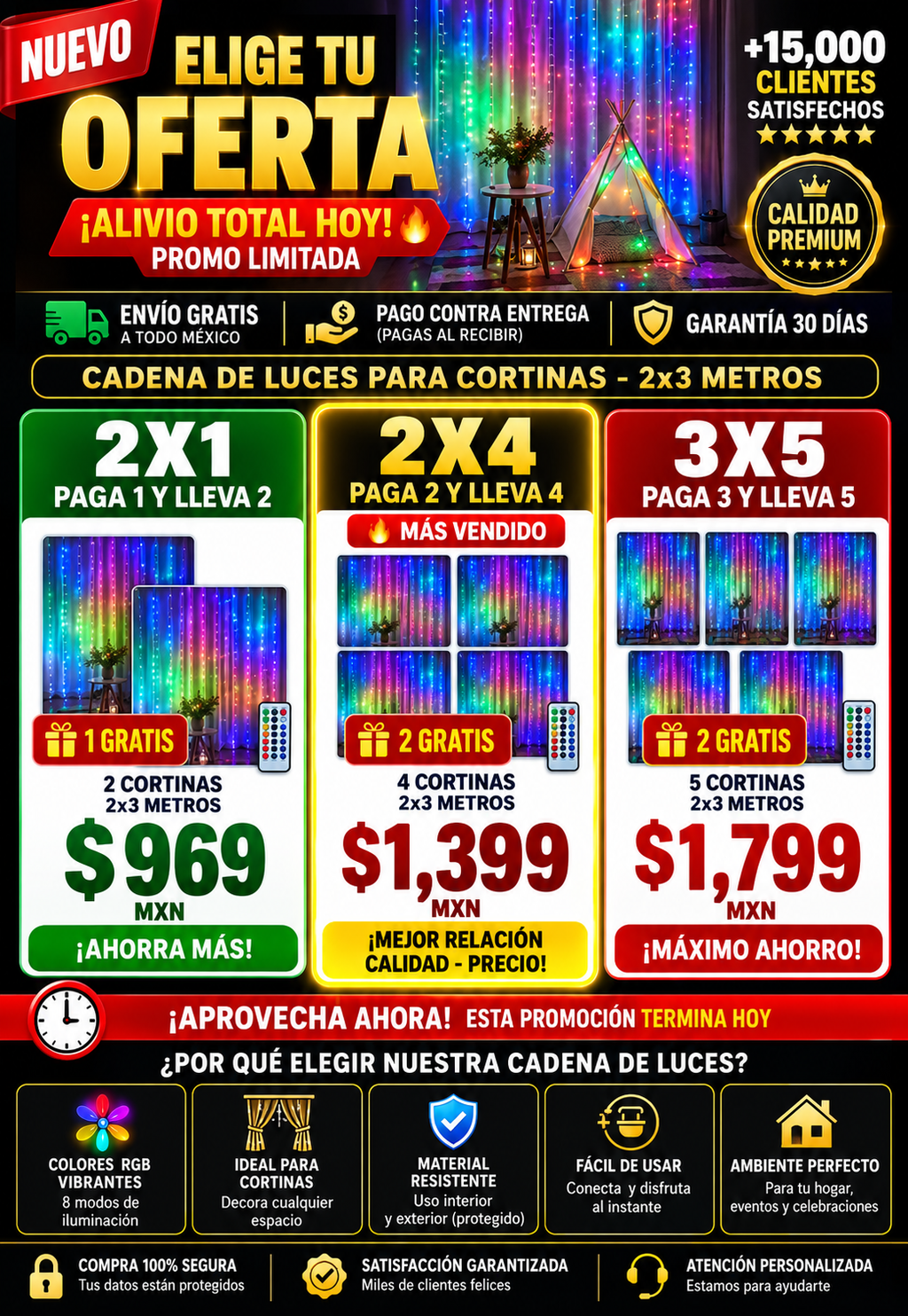 Cadena Luces Led Cortina 2x3m Decoración Navidad