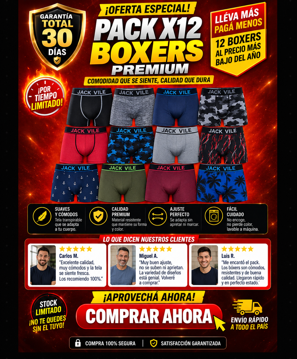 Boxer Caballero Pack 12 Piezas Microfibra Suave