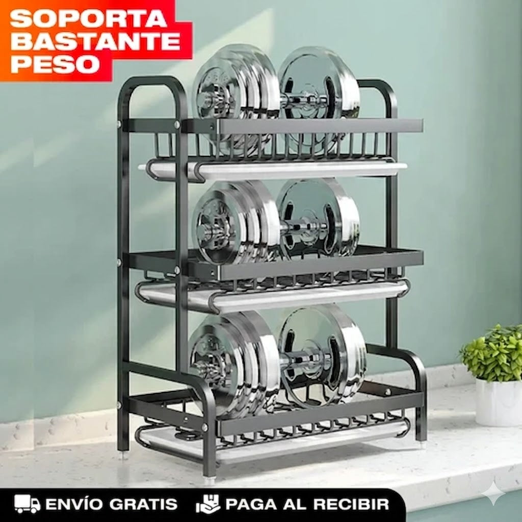 ESTANTE ESCURRIDOR PARA PLATOS DE 3 NIVELES (TAMAÑO GRANDE) 🔵