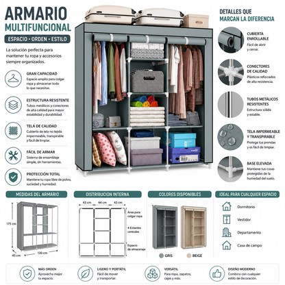 Closet Armable Portátil® — 3 Cuerpos + 8 Compartimentos Tela Impermeable