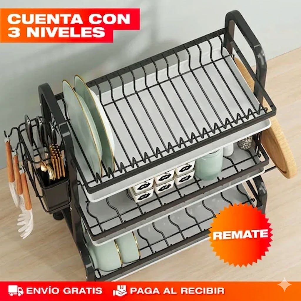 ESTANTE ESCURRIDOR PARA PLATOS DE 3 NIVELES (TAMAÑO GRANDE) 🔵