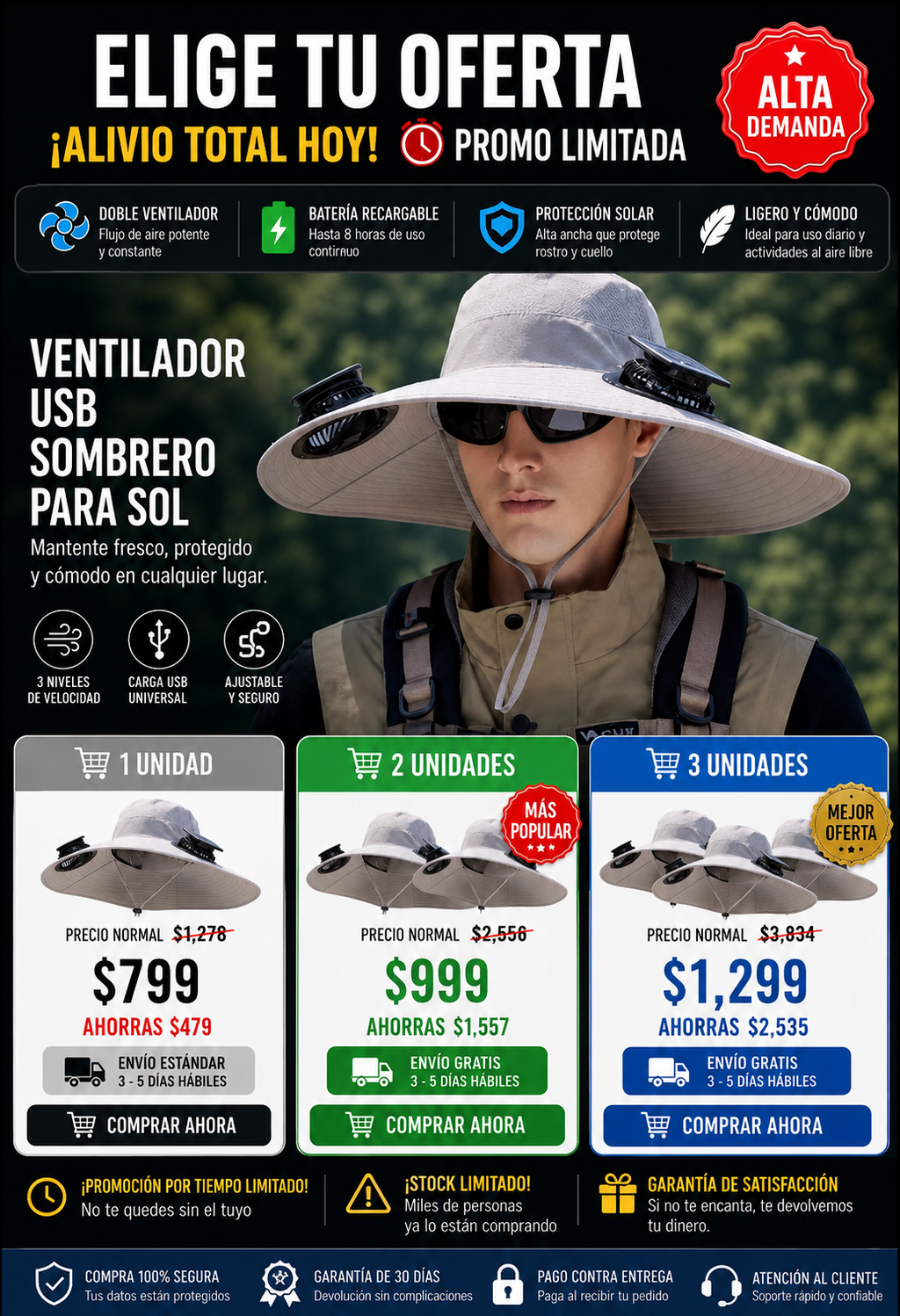 Ventilador USB Sombrero con Panel Solar Recargable