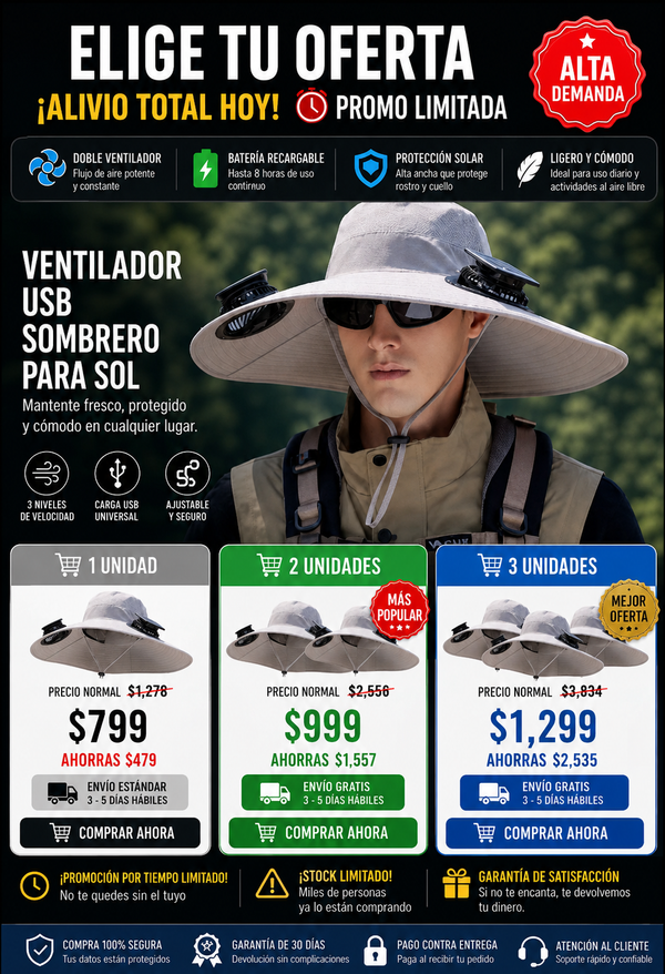 Ventilador USB Sombrero con Panel Solar Recargable