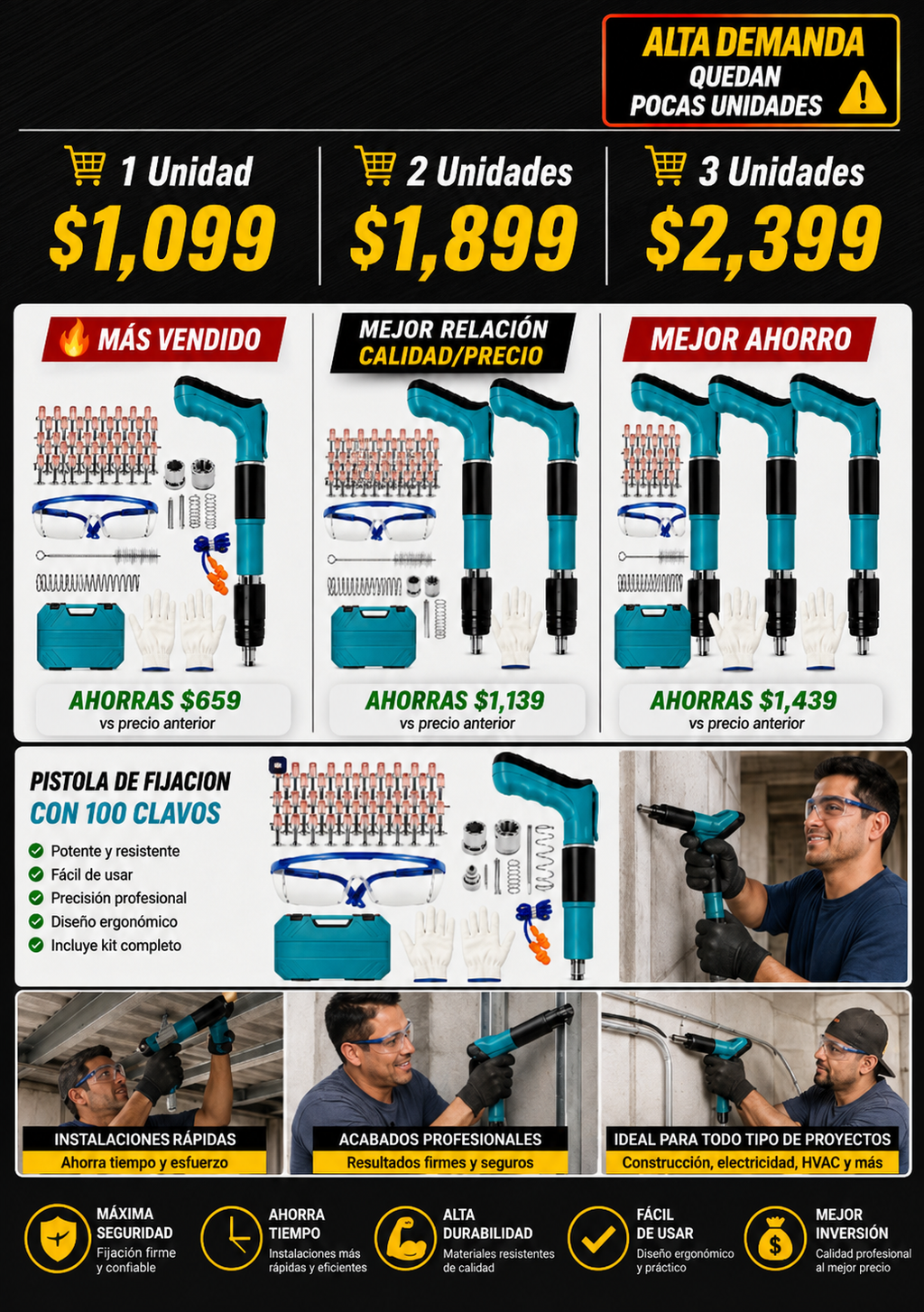 Pistola Fijación 100 Clavos Profesional Oferta