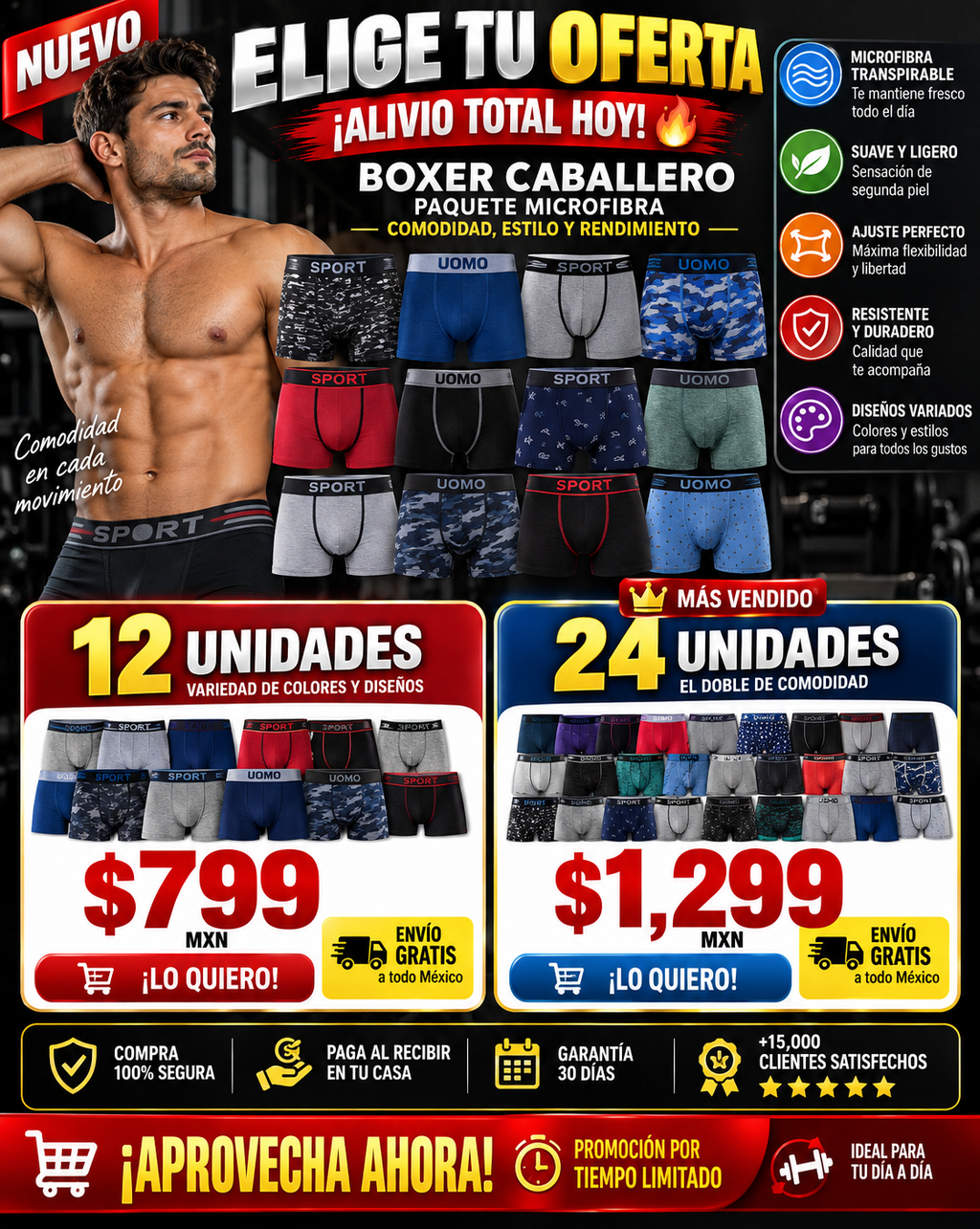 Boxer Caballero Pack 12 Piezas Microfibra Suave