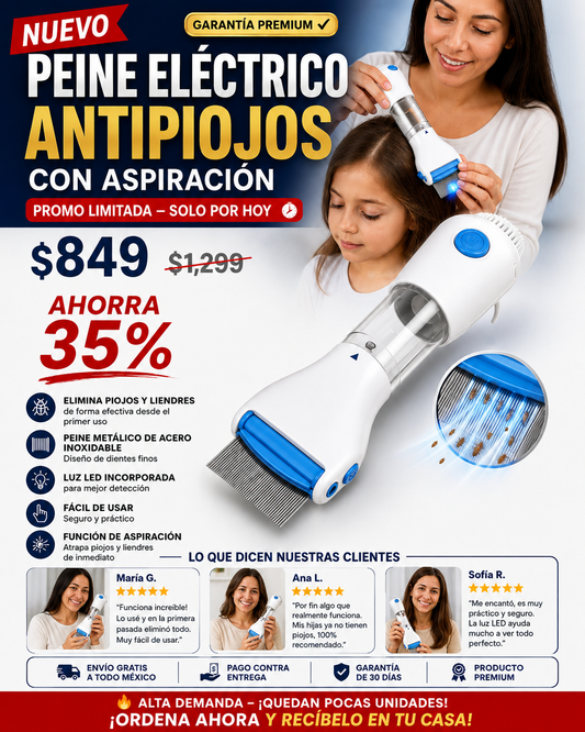 Peine Eléctrico Antipiojos con Aspiración Efectiva