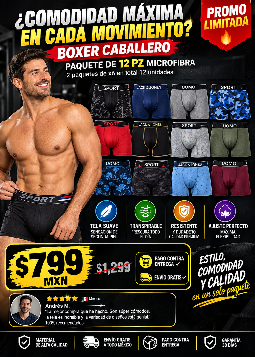 Boxer Caballero Pack 12 Piezas Microfibra Suave