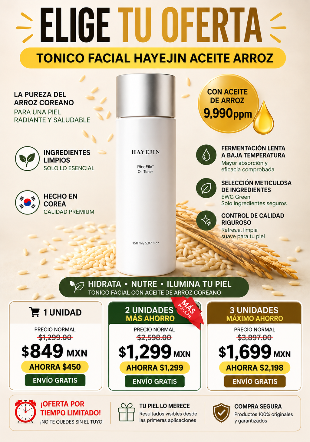 Tónico Facial Hayejin Aceite Arroz Hidratante Piel