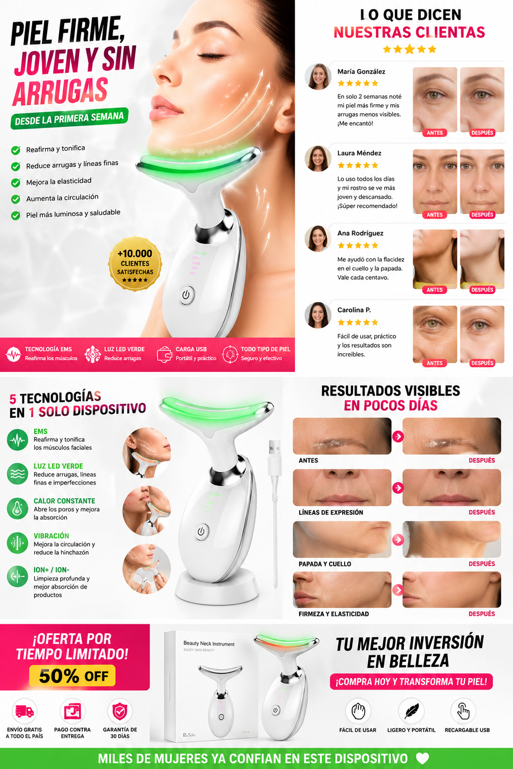Masajeador Led Facial | Elimina Arrugas, Papada, Reafirmante Colágeno.
