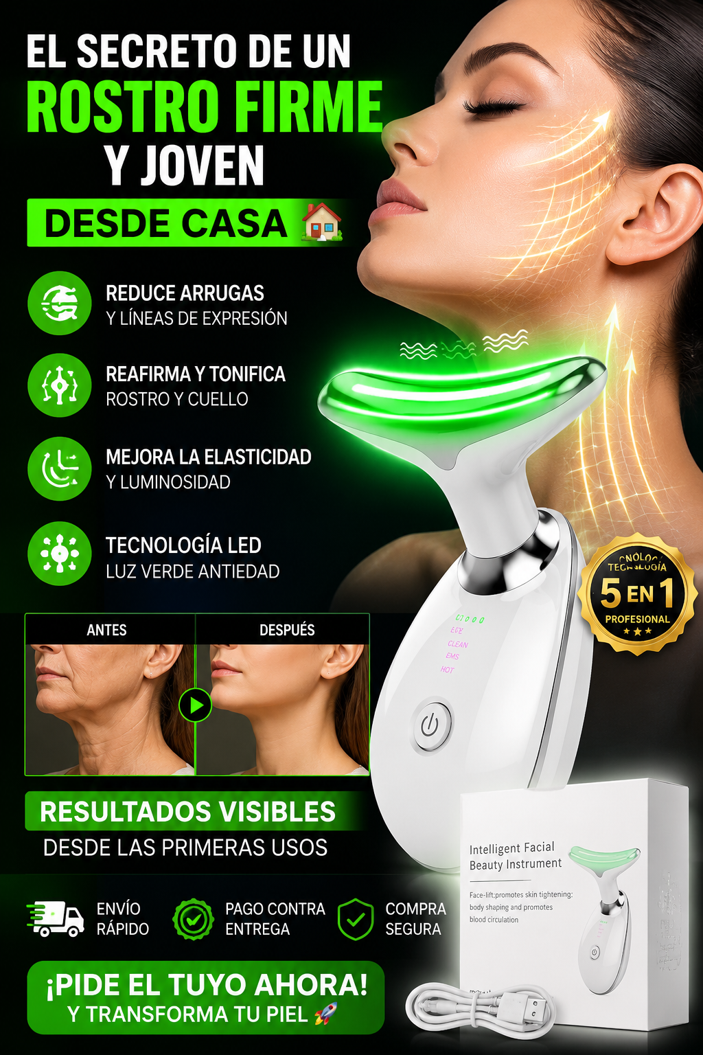 Masajeador Led Facial | Elimina Arrugas, Papada, Reafirmante Colágeno.
