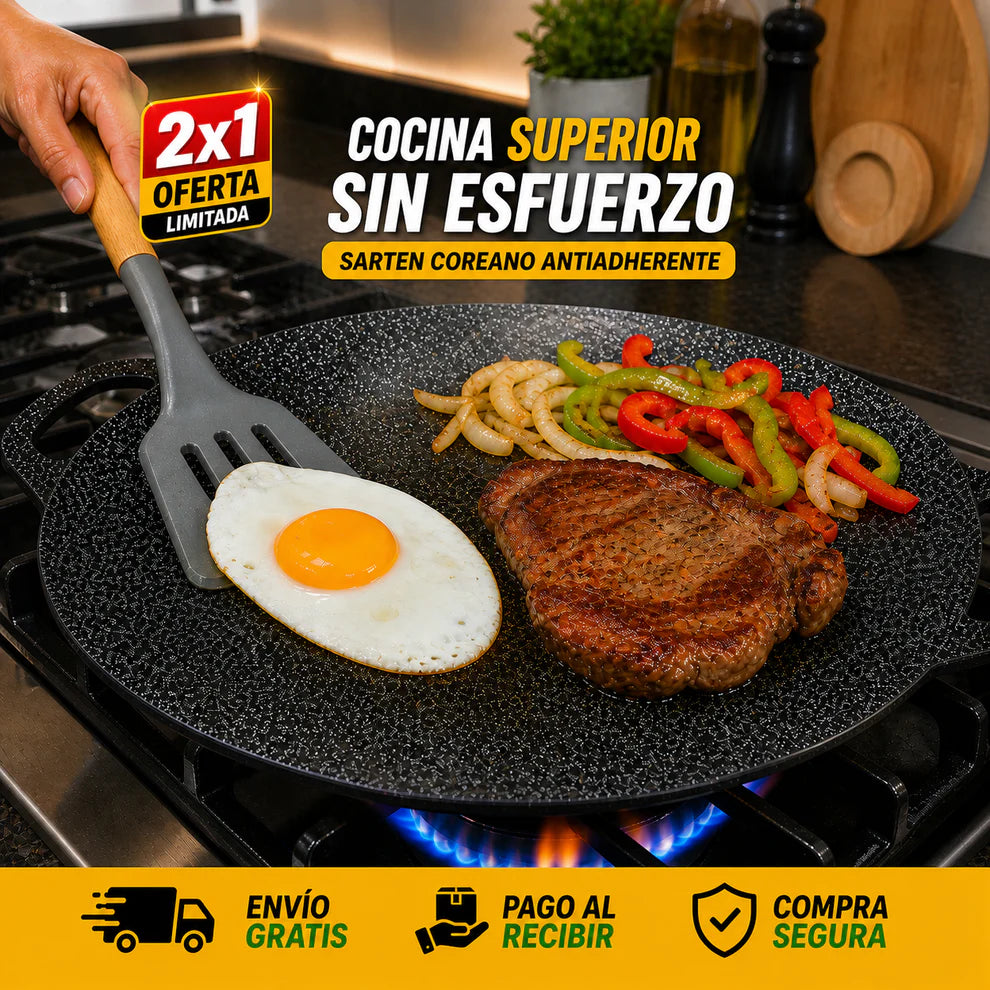 💥 2x1 Sartén Antiadherente Coreano 38 cm – Olvídate del Aceite en Exceso