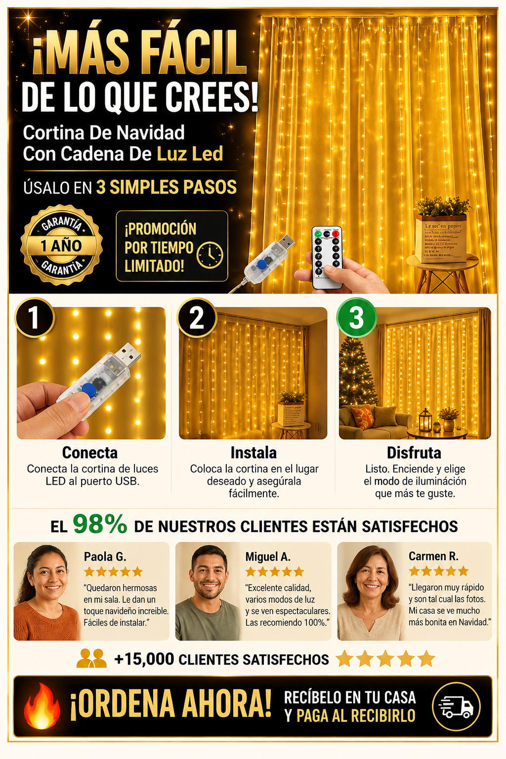 Cortina Navideña Cadena Luz Led Impermeable Premium