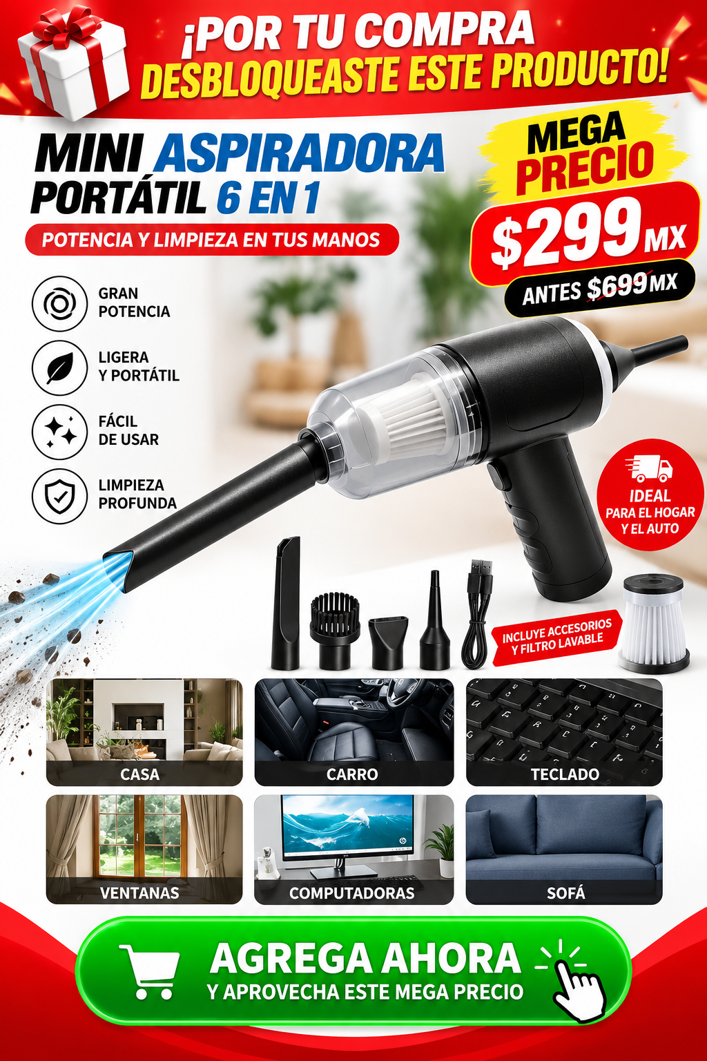 🚗🏠 ASPIRADORA PORTÁTIL 3 EN 1 – ADIÓS POLVO Y SUCIEDAD