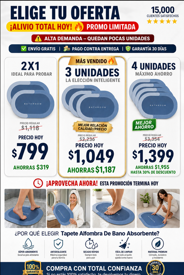 Tapete Baño Absorbente Premium Antideslizante Suave