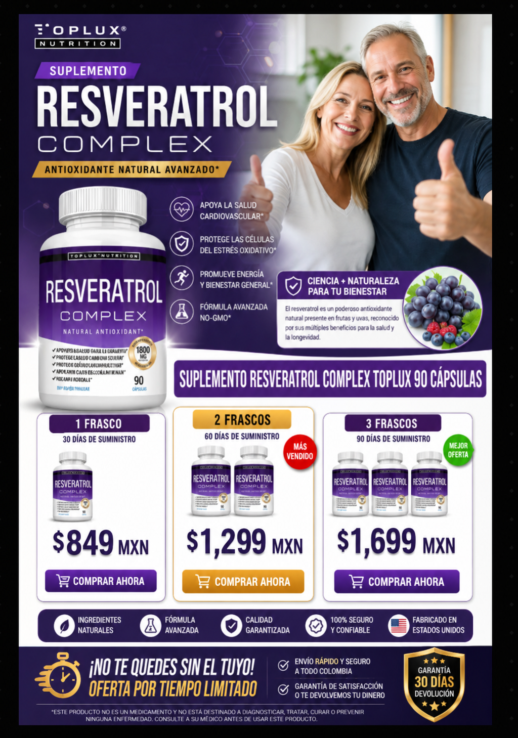 Resveratrol Complex Toplux 90 Cápsulas Antioxidante Premium