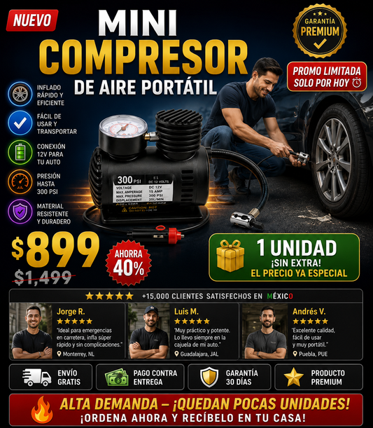 Mini Compresor Aire Portátil - Inflador Rápido Profesional