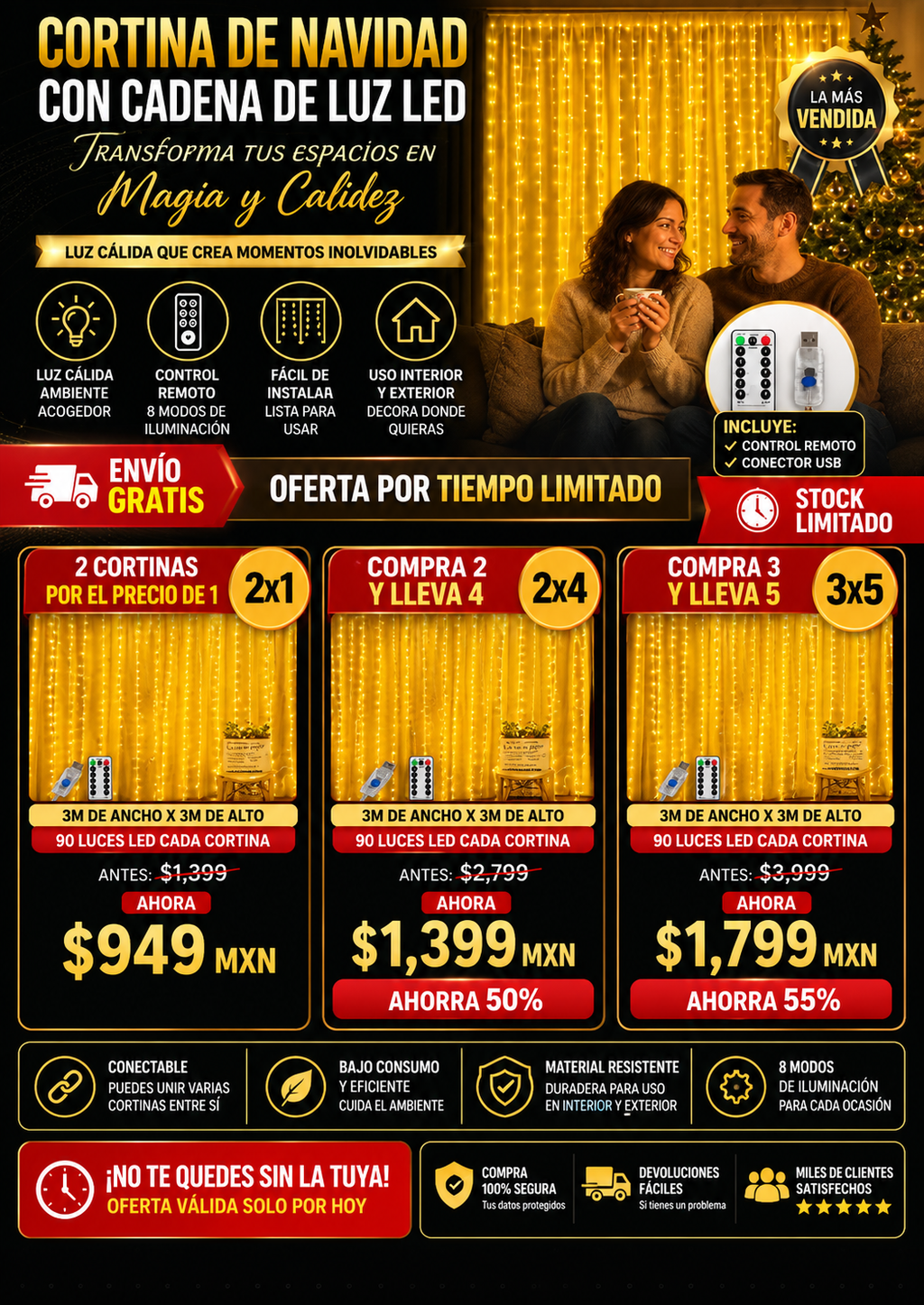 Cortina Navideña Cadena Luz Led Impermeable Premium