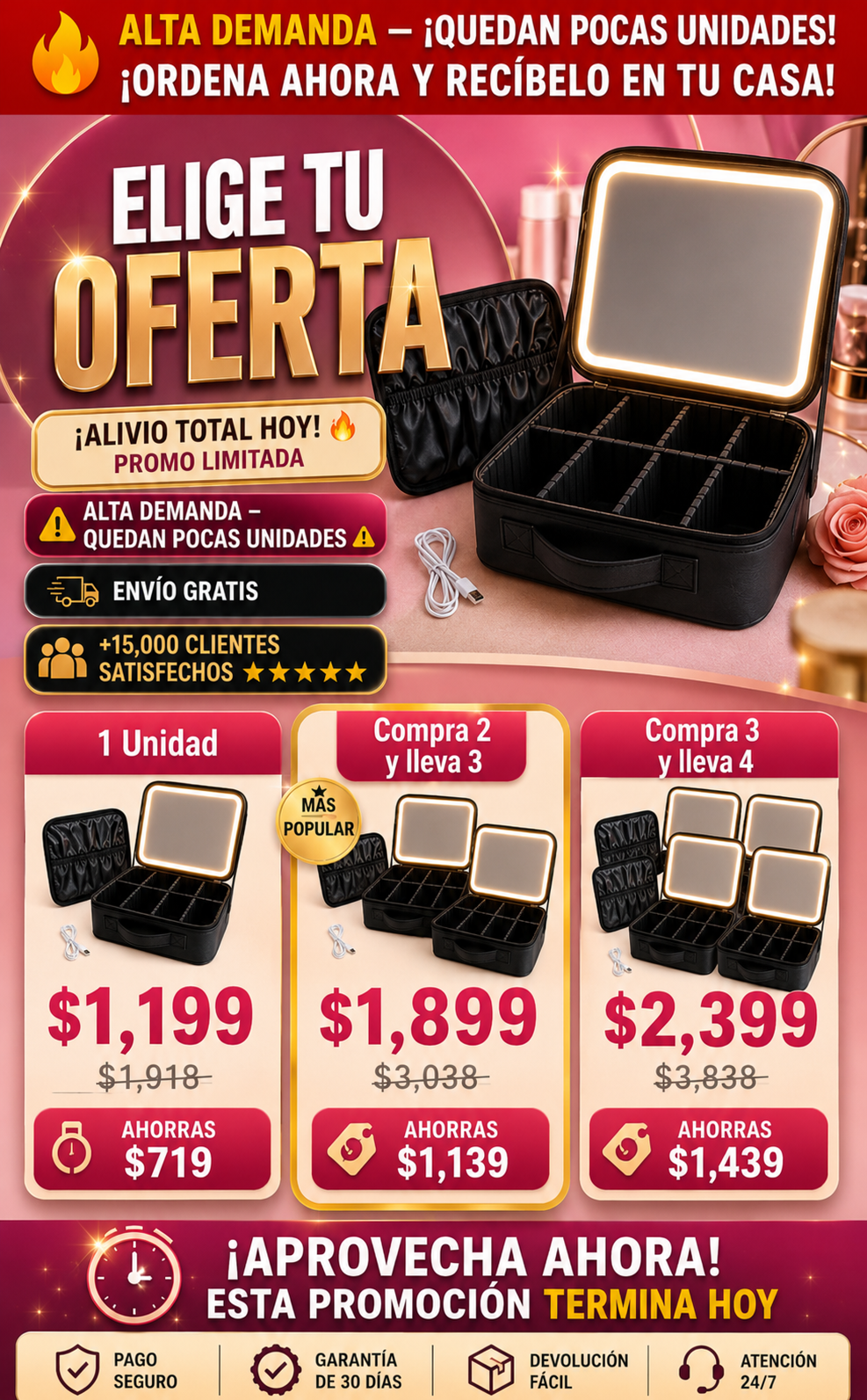 Estuche Maquillaje Profesional Espejo LED Portátil