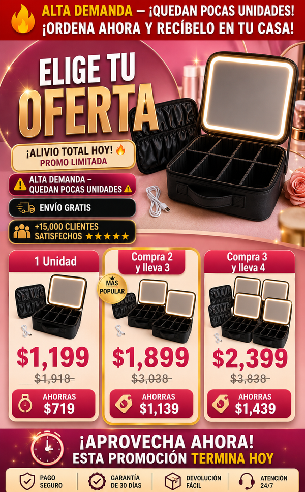 Estuche Maquillaje Profesional Espejo LED Portátil