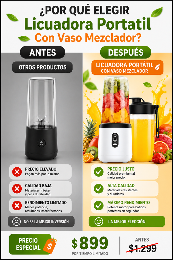 Licuadora Portátil Batidora USB Recargable Vaso