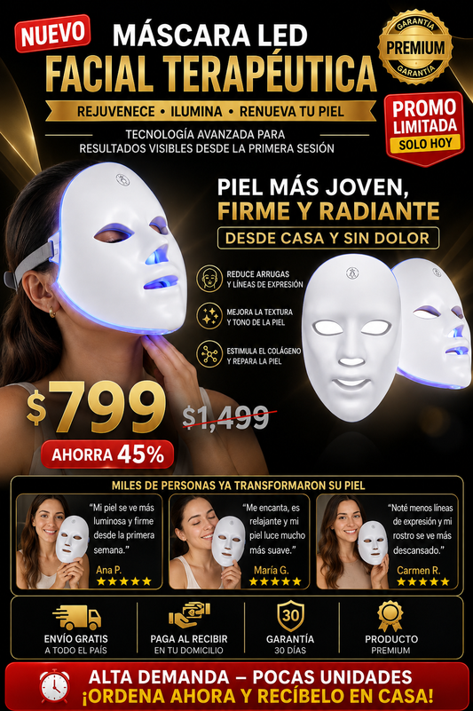 Máscara Facial LED 7 Colores Spa Profesional