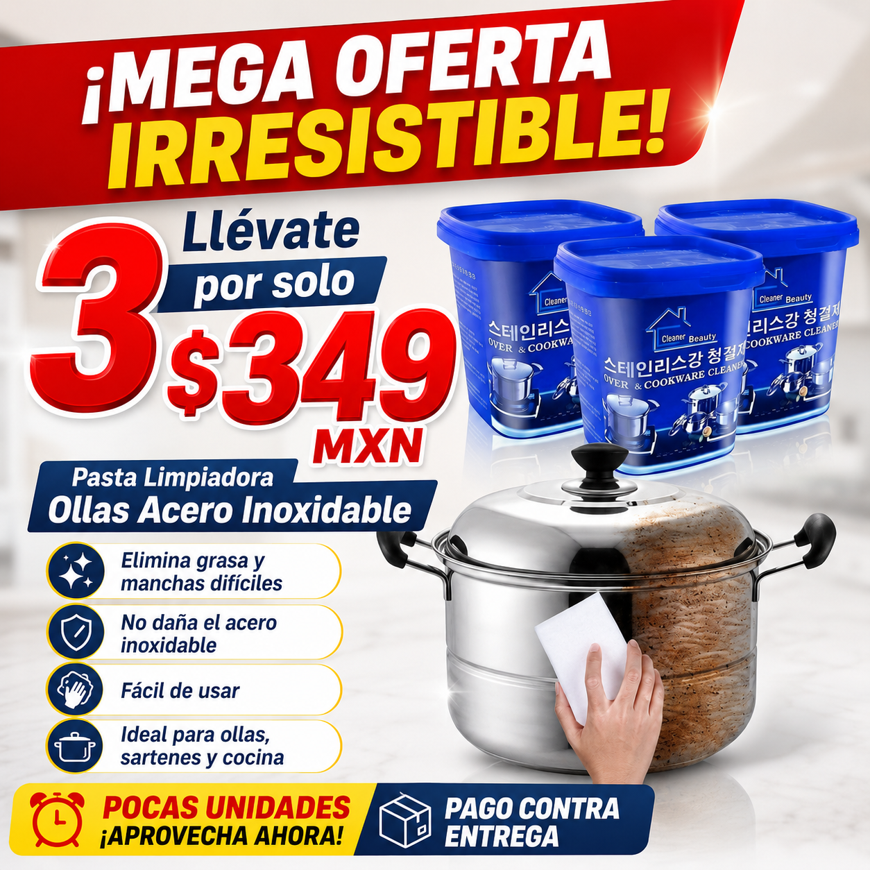 Pasta Limpia Ollas Pro 3x1 – Elimina Grasa y Manchas Difíciles