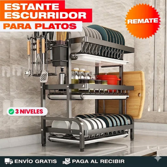 ESTANTE ESCURRIDOR PARA PLATOS DE 3 NIVELES (TAMAÑO GRANDE) 🔵