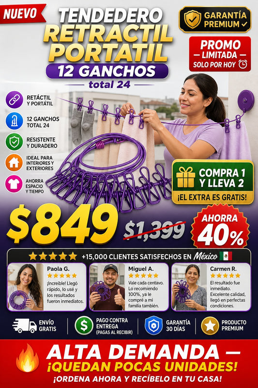 Tendedero Retractil Portatil 12 Ganchos total 24 - imagen 1