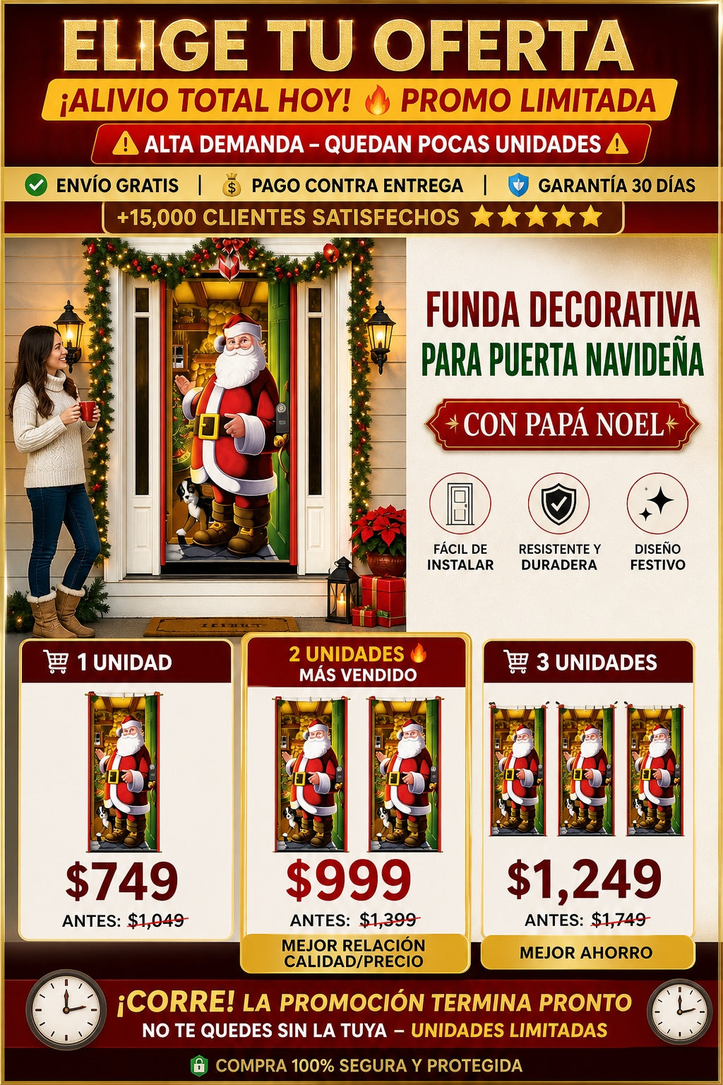 Funda Para Puerta Navideña Decorativa Santa Claus - imagen 2