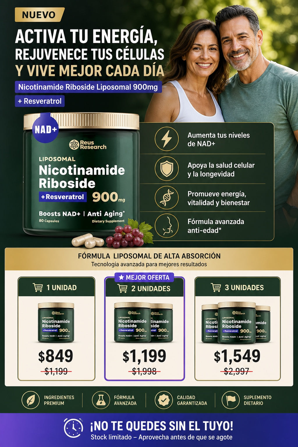 Nicotinamida Riboside Liposomal 900mg con Resveratrol - 80 Cápsulas - imagen 2
