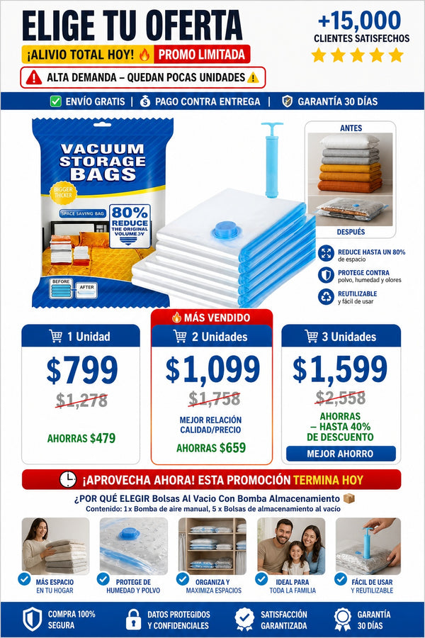 Bolsas Al Vacio Con Bomba Almacenamiento 📦 Contenido del paquete: • 1 x Bomba de aire manual    • 5 x Bolsas de almacenamiento al vacío - imagen 2