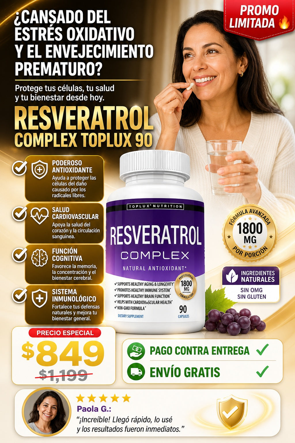 Suplemento Resveratrol Complex Toplux 90 Cápsulas - imagen 3