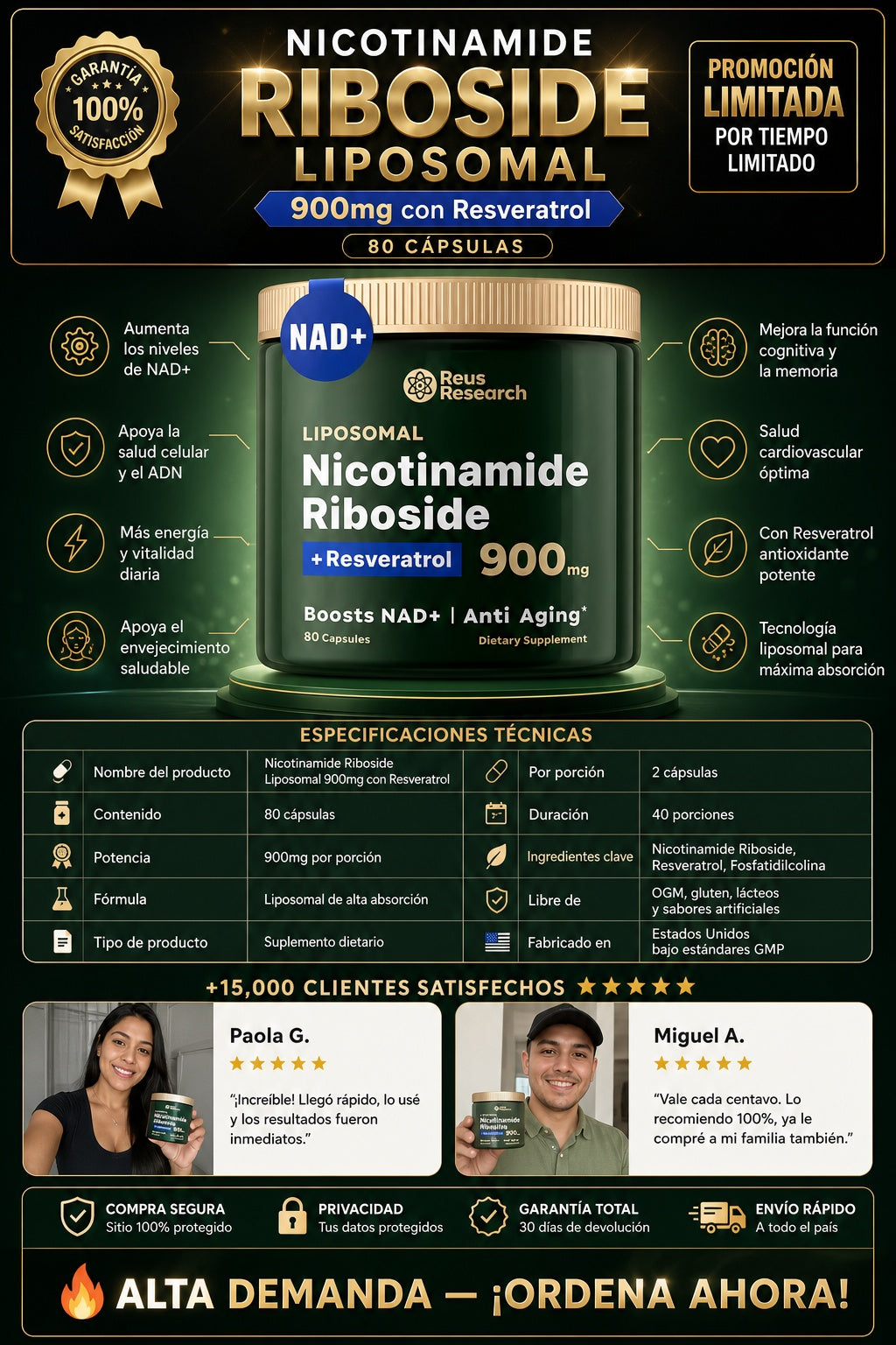 Nicotinamida Riboside Liposomal 900mg con Resveratrol - 80 Cápsulas - imagen 7