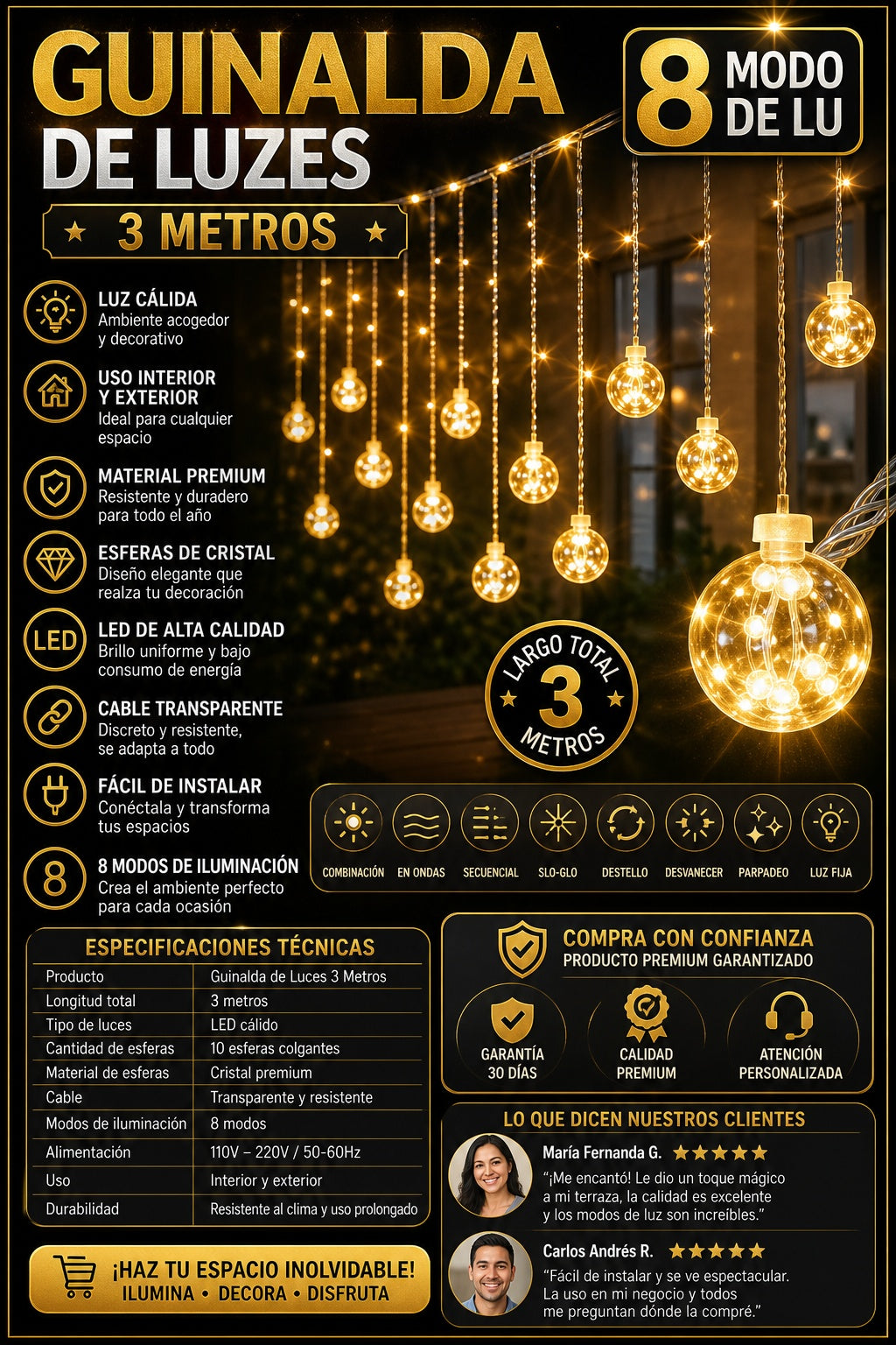 Guinalda De Luzes 3 Metros 8 Modo De Lu - imagen 7