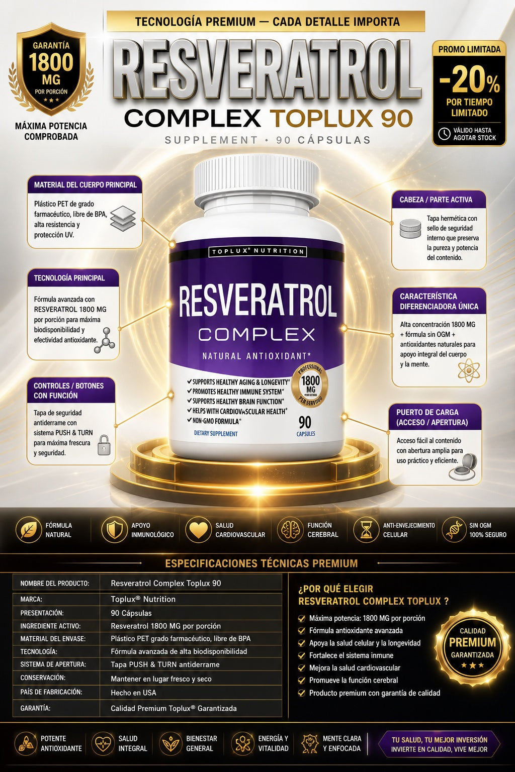 Suplemento Resveratrol Complex Toplux 90 Cápsulas - imagen 7
