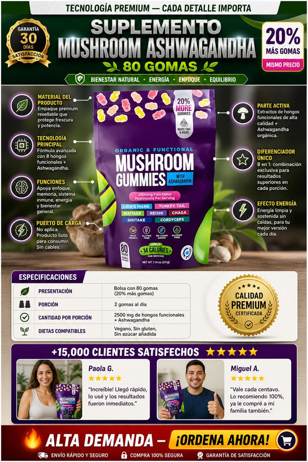 Suplemento Mushroom Ashwagandha 80 Gomas - imagen 7